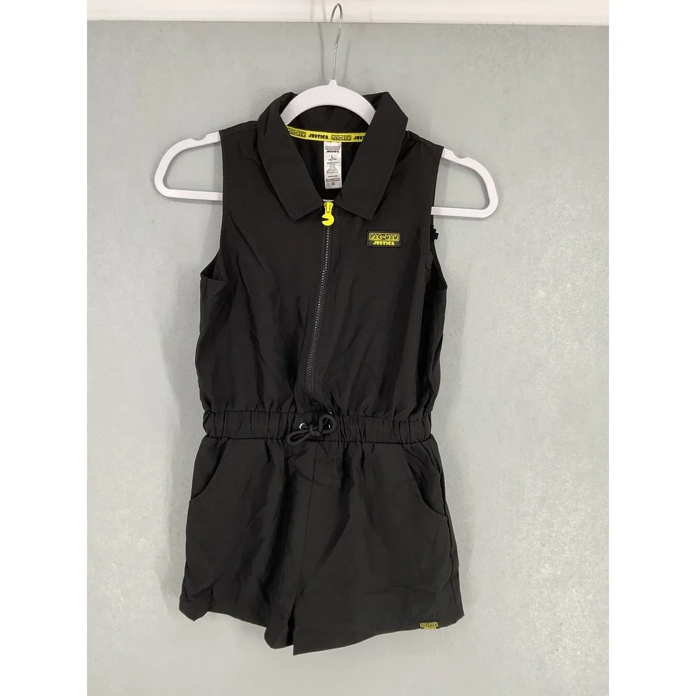 Justice Girls Romper Pac-Man Black Sleeveless Zip Front Graphic Logo L 12/14